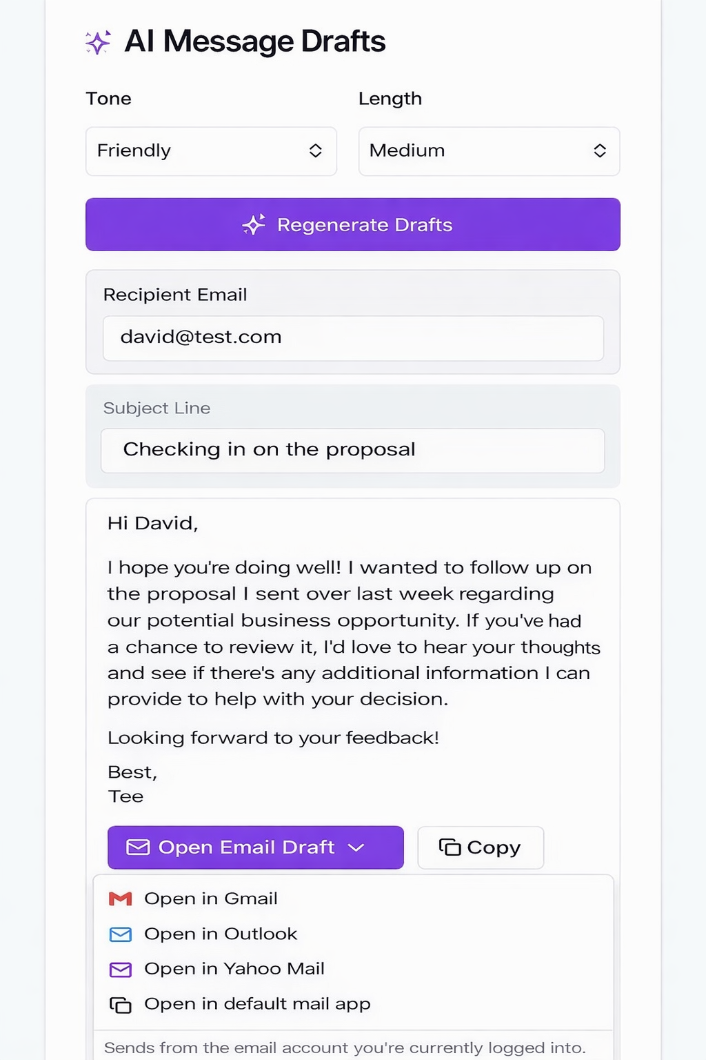 AI-generated email draft with edit options