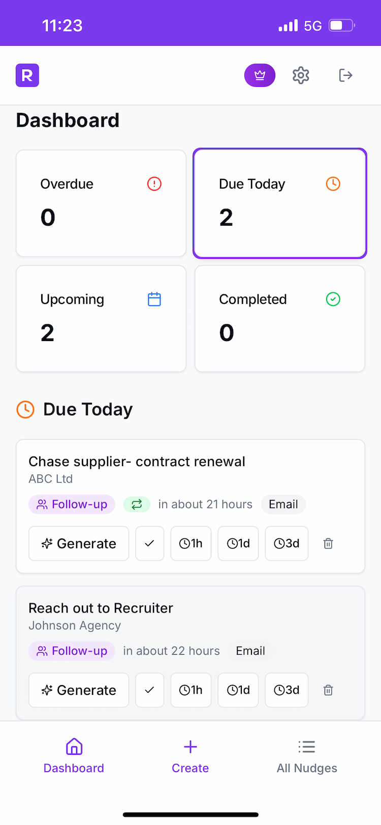 Resendia dashboard on mobile showing follow-ups
