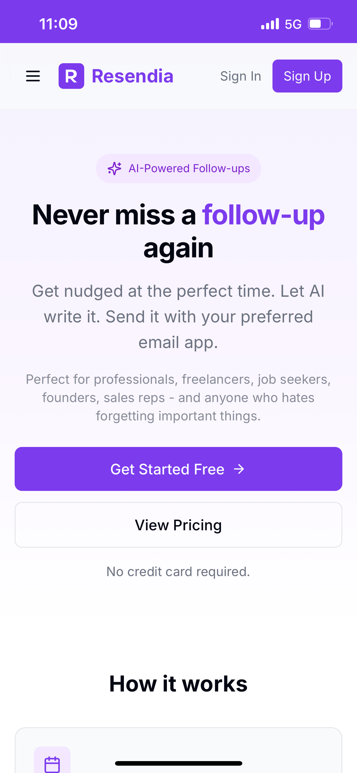 Resendia landing page on mobile