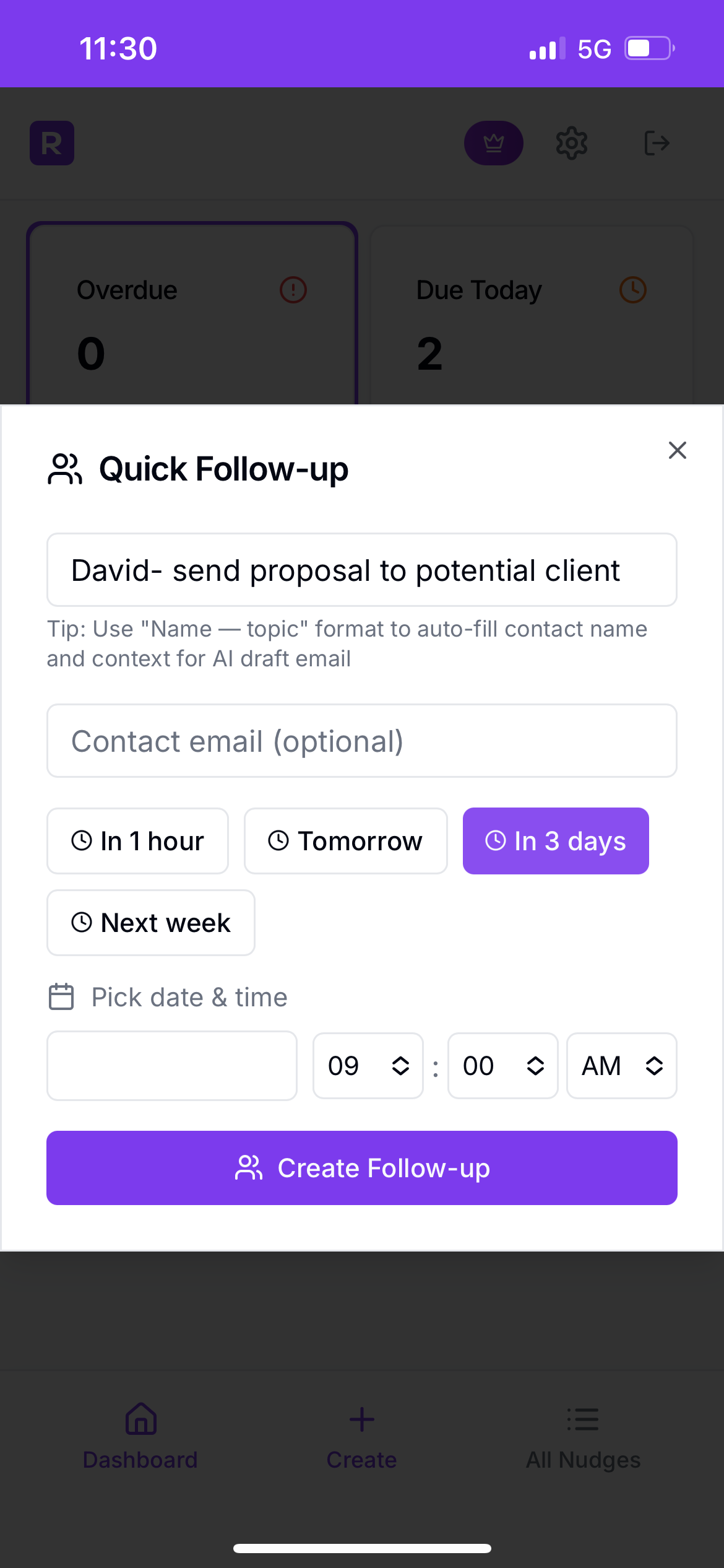Quick follow-up creation form